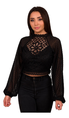 Blusa Moda Mujer Manga Larga Detalle Encaje Vjh8832