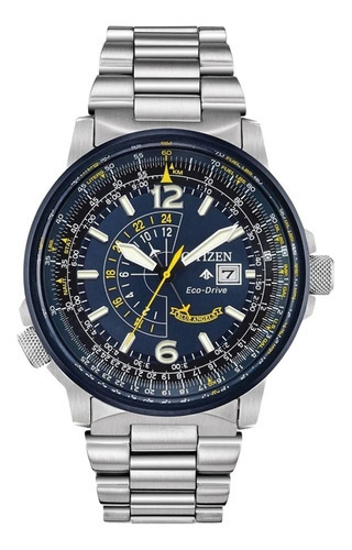 Reloj Citizen para hombre Eco-drive Blue Angels TZ31669f, color de correa plateado y bisel, color azul de fondo azul