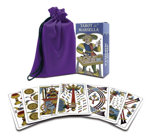 Imagen 2 de 10 de Tarot Marsella Español + Tapete + Morral Mod Cubo Morado