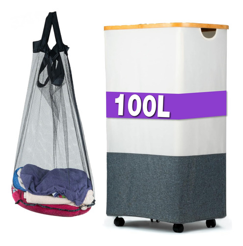 Cesta De Lavandería Plegable 100l Con Ruedas Y Tapa
