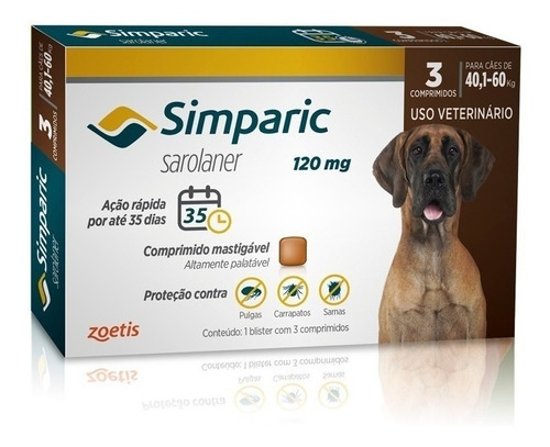 Antipulgas Simparic 120mg Cães 40-60 Kg - 3 Comprimidos