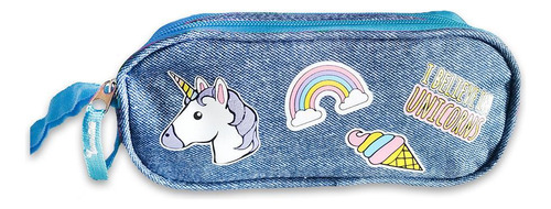 Estojo Escolar Duplo Jeans I Believe Unicorns Cor Azul