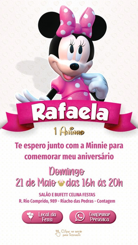 Convite Minnie Rosa Digital Interativo Online Whatsapp