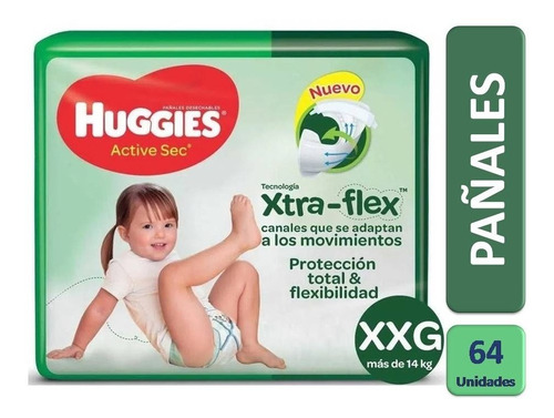 Pañales Huggies Active Sec Unisex 64 Unidades Talla Xxg