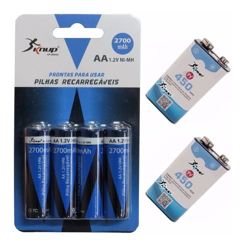 Kit 4 Pilha Aa + 2 Bateria 9v Recarregável Knup Blister Novo