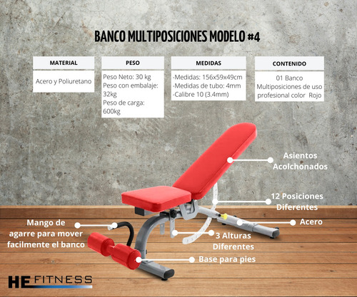 Banco Multiposiciones P/gimnasio Profesional Color Rojo