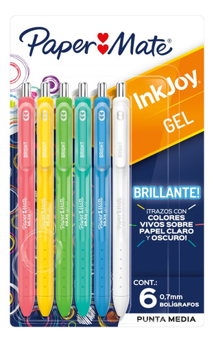 6 Bolígrafos Inkjoy Gel Paper Mate Colores Surtidos Tinta Multicolor Exterior Multicolor