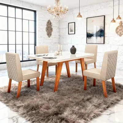 Sala De Jantar 130x90 Mavie Vidro Off 4 Cadeiras Bom Pastor Off-white Naturale Linho Off