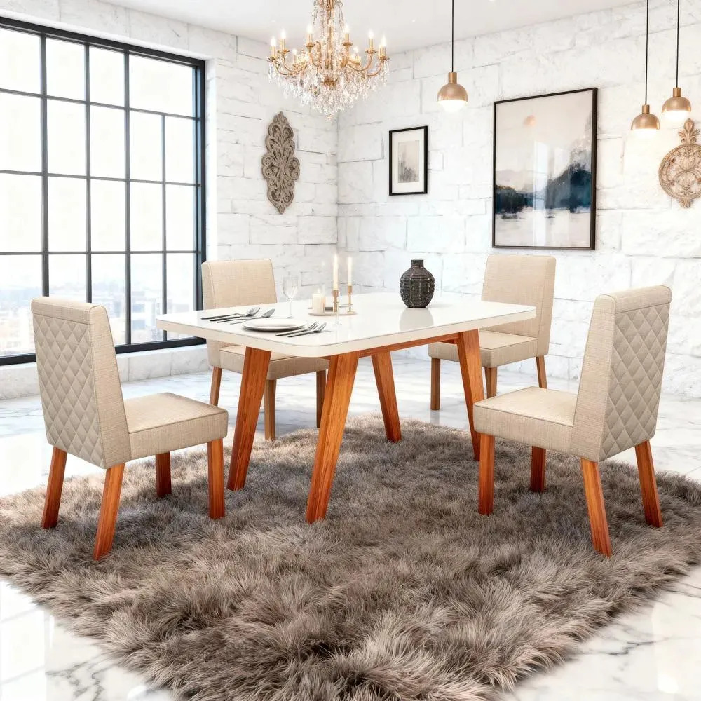Sala De Jantar 130x90 Mavie Vidro Off 4 Cadeiras Bom Pastor Off-white Naturale Linho Off