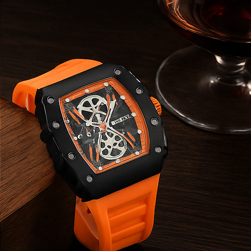 Reloj De Pulsera Megir 2218g.02 Para Hombre Naranja Silicona Naranja Negro Mate Negro Con Detalles Naranjas