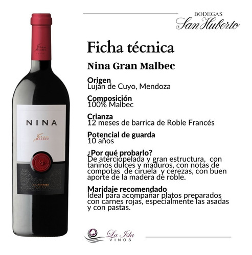 Imagen 2 de 10 de Vino Nina Gran Malbec + Petit + Cab. Franc - Combo X 6 Mix