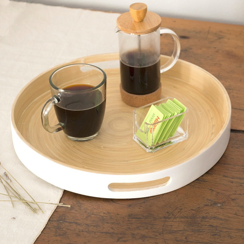 Imagen 2 de 4 de Bandeja De Madera Bambú Redonda 35 Cm Blanco X Fuera - Lima