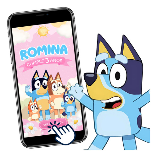 Invitación Digital Web Interactiva Animada Bluey Rosa Pastel