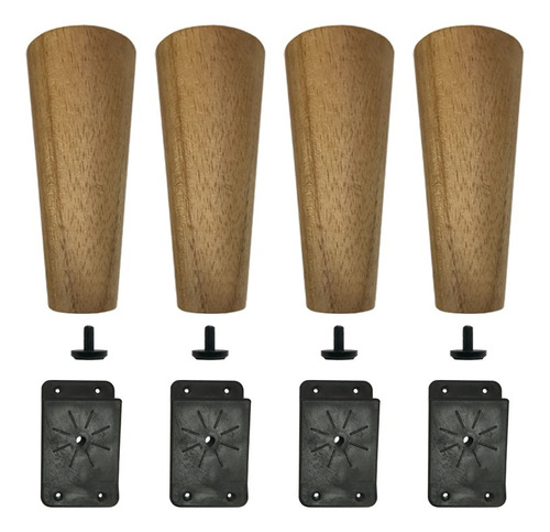Kit 4 Pés De 20 Cm Cônico Retrô P/ Móveis Pé Palito + Chapas Cor Natural