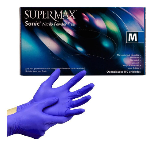 Luva Nitrílica Azul Sonic Média Sem Pó Com 100 Un Supermax