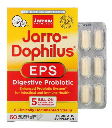 Jarro-dophilus Eps Probiótico Digestivo 5 Billones De Bacterias Vivas Garantizadas, 8 Cepas Clínicamente Documentadas Con Enhanced Probiotic System Sistema Probiótico Mejorado, Contiene 60 Cápsulas  