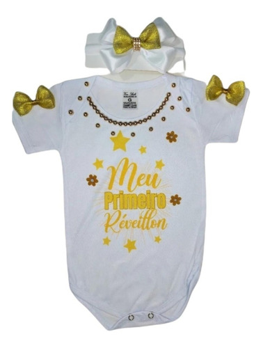 Body Meu Primeiro Réveillon Roupa Para Bebê Menina C/ Laço