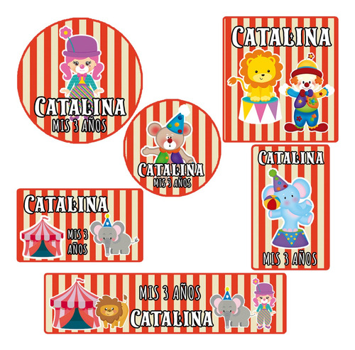 Kit 180 Stickers Circo Rojo Animales Candy Bar Etiqueta