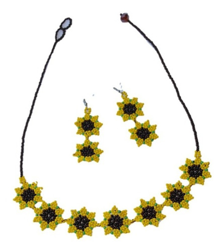 Collar Tejido Mostacilla Girasoles Base Amarilla 