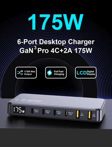 Carregador De Mesa 175w Turbo 4 Usb-c 2 Usb-a E 2 Cabos 100w