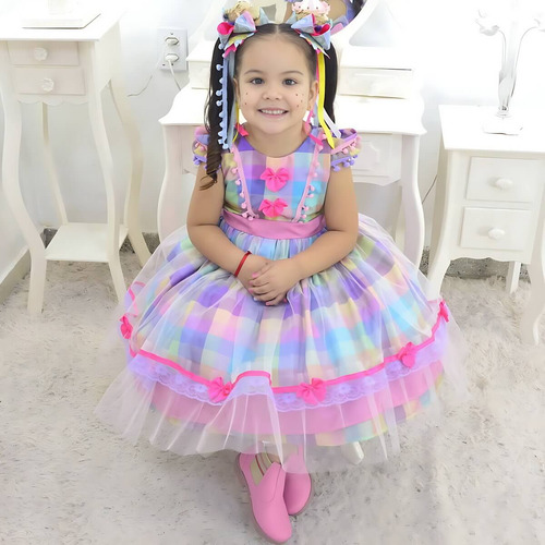 Vestido Infantil Junina São Joao Quadrilha + 2 Laços Cabelo