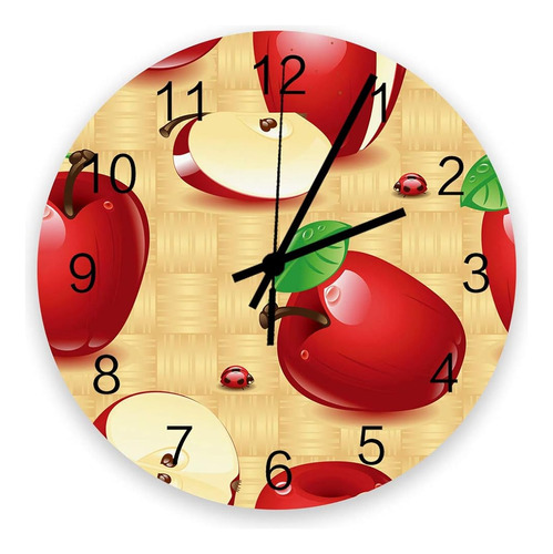 Reloj De Pared Redondo De Madera De Manzanas Rojas De 12 Pul