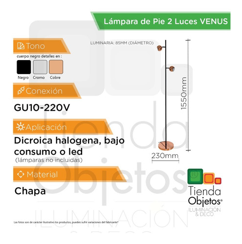 Imagen 3 de 10 de Lámpara De Pie Venus 2 Luces Living Deco Cromo-cobre