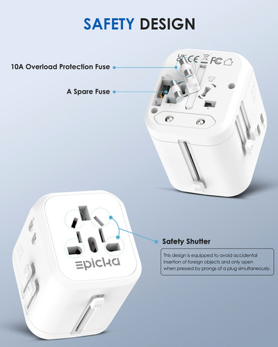 Adaptador de viaje universal Epicka blanco, con doble toma de corriente, 2 USB-C de 35 W y 3 USB-A, cargador de pared internacional todo en uno.