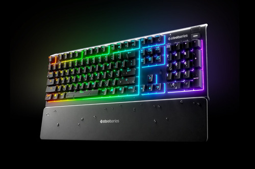 Imagen 3 de 5 de Teclado gamer SteelSeries Apex 3 QWERTY SteelSeries Whisper-Quiet Switch español color negro con luz RGB