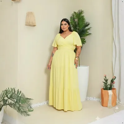Vestido Longo Plus Size Gestante Evangélico Festa Social Amarelo Liso G7 (70-72)