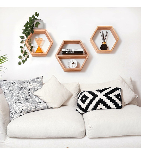 Hermoso Juego De 3 Estantes Flotantes Hexagonales De Madera