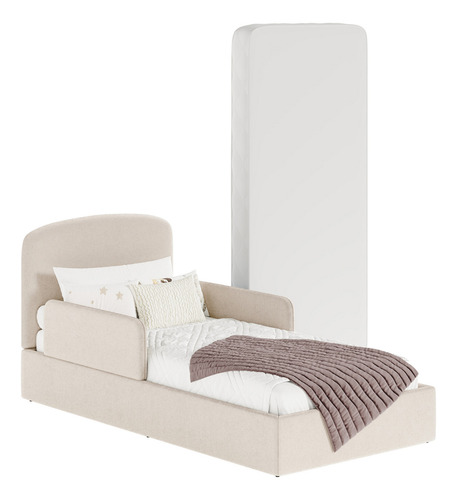 Cama Infantil Montessoriana Menino E Menina Com Proteção Lateral E Cabeceira Moderna Estofada E Robusta Para Quarto Com Colchão Incluso Cor Bege Bonan