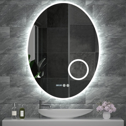 Espejo Led Smart Anti Empañante Tactil Reloj Temper 3 Intens Marco Oval Blanco