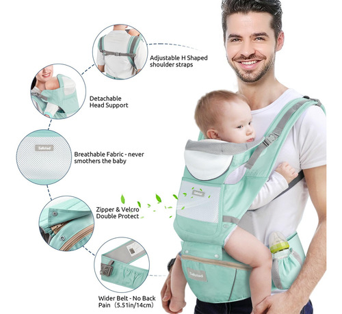Canguro Para Bebe Con Asiento 6 En 1 Ajustable Verde Bebe