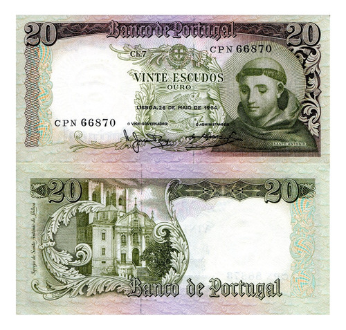 Billete De Portugal 20 Escudos San António De Padua Nvo.1964