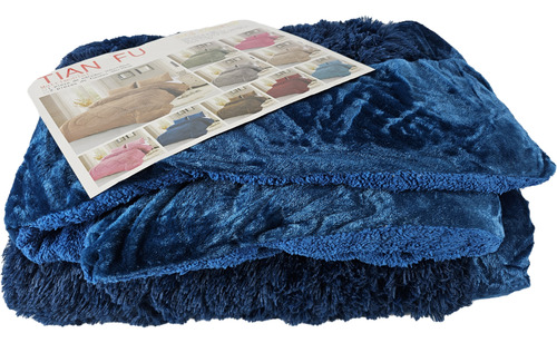 Edredón Corderito Pelo Largo 2 Plazas 200x230 Cm + 2 Fundas Azul Oscuro Peludo- Liso