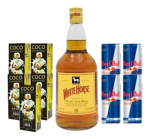 Kit Whisky Cavalo Branco 1l + 4 Red Bulls + Água De Coco