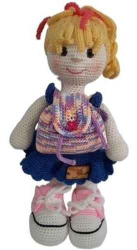 Amigurumi Muñeca Rubia Con Vestido Azul Y Mochila