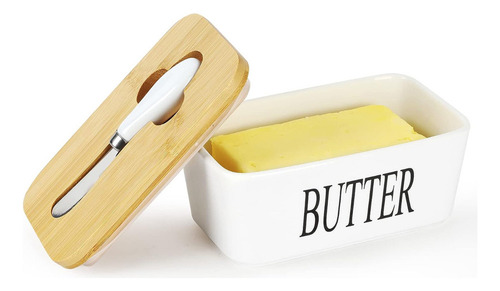 Prato De Manteiga De Porcelana Com Tampa E Faca De Bambu