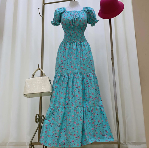 Imagem 4 de 7 de Vestido Longo Evasê Ciganinha Ombro A Ombro Azul