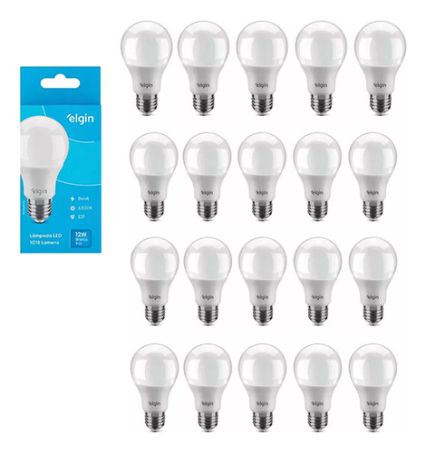 Kit 20 Lâmpadas Led 12w Bulbo Bivolt Branca Fria 6500k Elgin