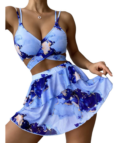 Conjunto De Bikini Azul L Uk Plug De 3 Piezas Con Dobladillo