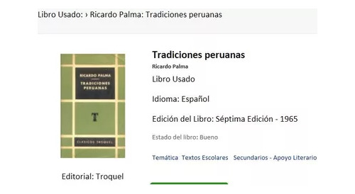 Libro Ricardo Palma: Tradiciones Peruanas Edición - 1965