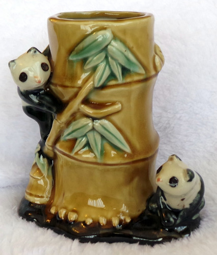 Florero Vintage Chino De Los 60 De Ceramica Panda Y Bambu