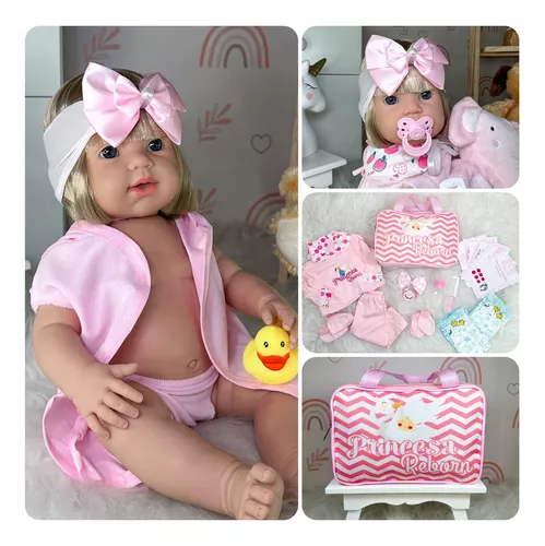 Boneca Bebê Reborn Realista 22 Itens Menina Loira Bolsa