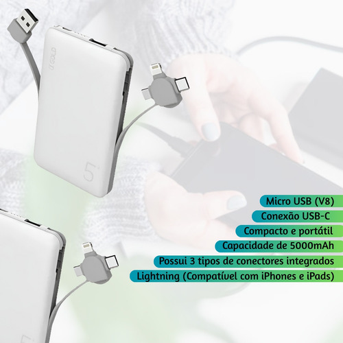 Carregador 3 Em 1 Portátil 5000mah Com Alta Eficiência