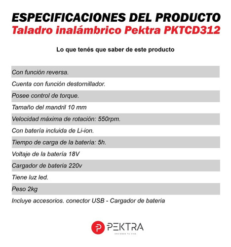 Imagen 8 de 10 de Taladro Atornillador Inalambrico Pektra 18v + Luz Usb