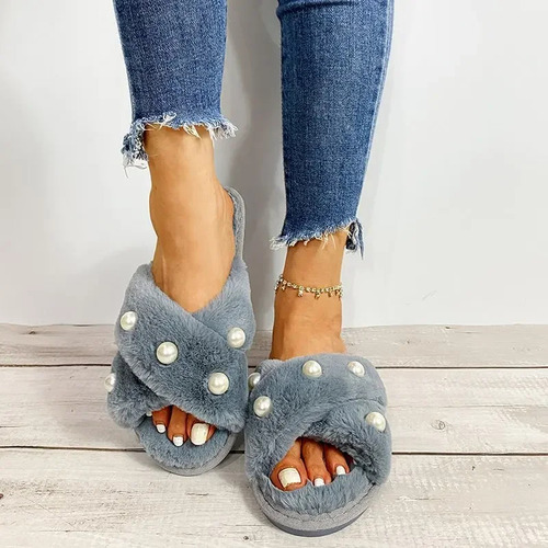 Zapatillas De Hogar Con Punta Abierta De Perlas De Felpa Par