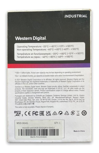 Imagem 2 de 2 de Cartão Memoria Western Digital Industrial Sdsdqaf4-064g-i