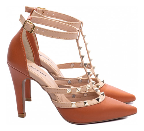 Sapato Scarpin Marrom Caramelo Fivela E Pinos Salto Alto 9cm